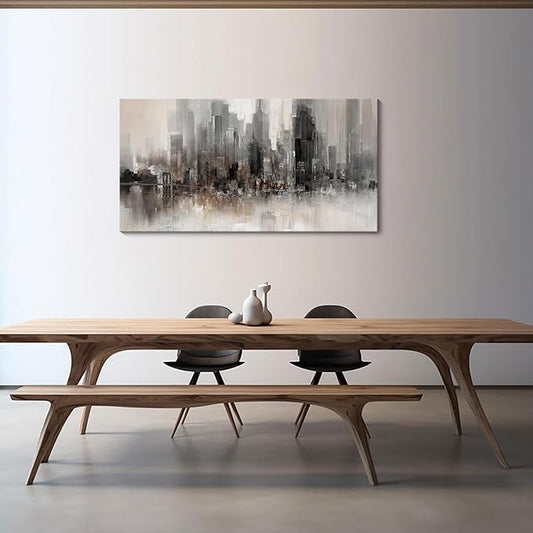 Nyc Skyline Painting Wall Art Grey Buildings Picture for Living Room Modern Home Bedroom Decoration Black and White and Brown Framed Artwork Decor 20X40