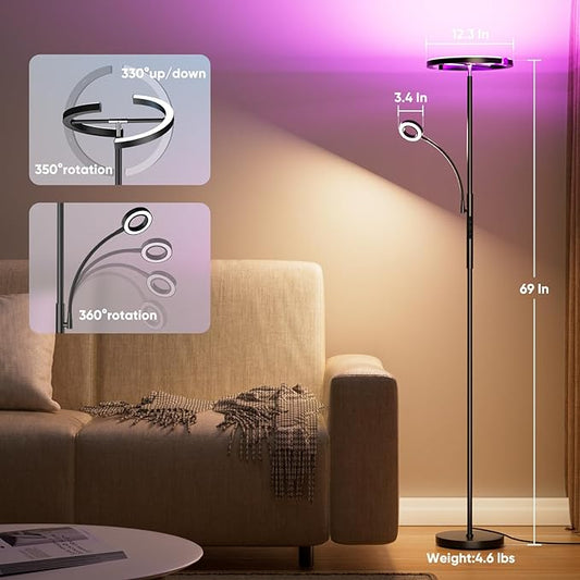SIBRILLE Upgraded 36W RGBCW Floor Lamp with Ring Reading Lamp, Rotatable Remote Control LED Standing Lamp Dimmable Floor Light Modern Standing Light for Living Room Bedroom Home Office, Black