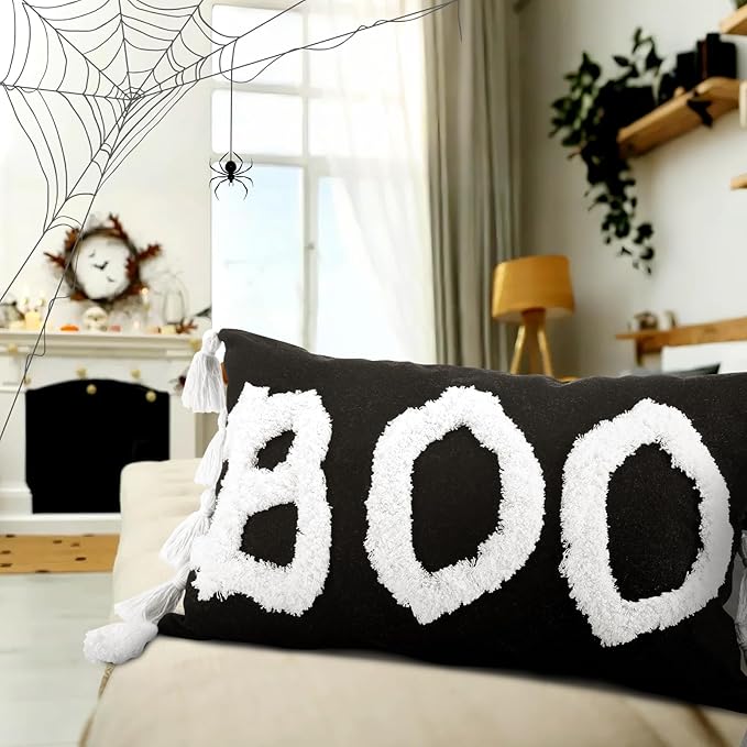 Yuntau Halloween Throw Pillow Cover with Tassels 12 x 20 Inch Decorative Boo Pillowcase Embroidery Furry Plush Boo Cushion Cover Halloween Decorations for Home Bedroom Sofa Couch Living Room Outdoor