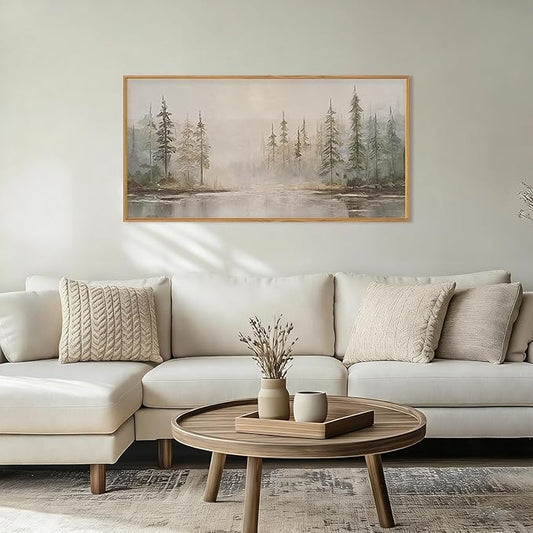 HPNIUB Modern Misty Pine Tree Framed Wall Art Set,Neutral Abstract Landscape Wall Decor,Nature Foggy Forest Art Print, Beige Rustic Farmhouse Artwork for Living Room, Bedroom,Office- 20"x40"