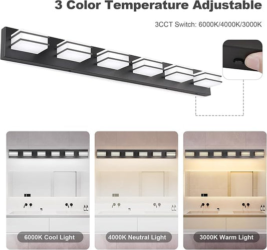 GOODATE 3 Color Temperature Dimmable Vanity Lights for Bathroom, Black 6 Light Vanity Light Fixtures, Acrylic Stainless Steel Square Shade Light Fixtures for Bathroom Above Mirror, ETL Certificated