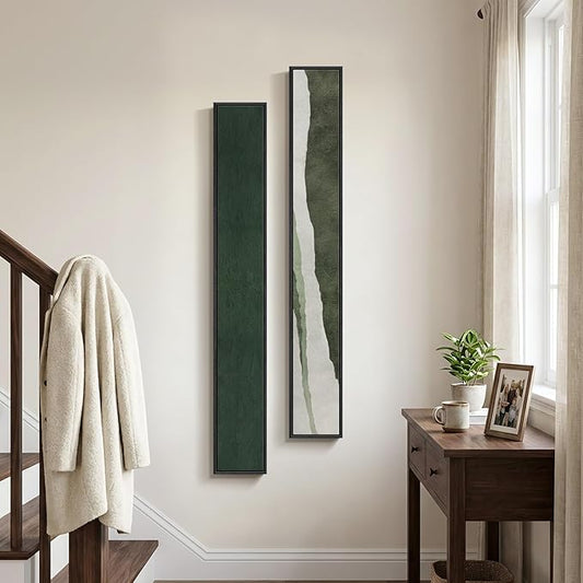 Long Narrow Framed Green Vertical Abstract Wall Art Set, 2 Piece Modern Canvas Prints Paintings Artwork for Walls, Green White Minimalist Pictures for Living Room Bedroom Entryway Hallway Wall Decor