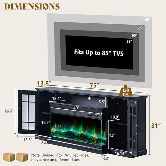 AMERLIFE 75in 3-Sided Glass Fireplace TV Stand for TVs up to 85", Rustic Fireplace Media Entertainment Center Console Cabinet Table with Glass Door Closed Storage, Black