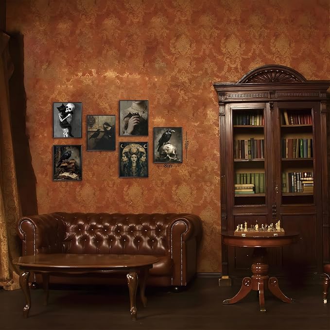 XYHYRA Vintage Gothic Wall Art Set of 6, Dark Academia Witchy Posters, Victorian Raven & Skull Prints, Halloween Home Decor for Living Room Bedroom Bathroom 8x10 Inch Unframed