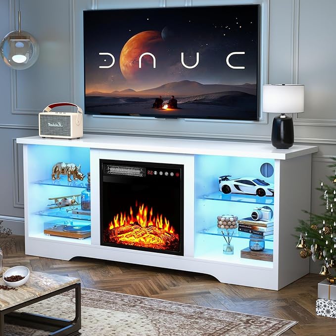 TAVATA Fireplace TV Stand with 18" Fireplace, Modern Entertainment Center for TVs up to 65 inch, Media TV Console for Living Room with Led Lights, Adjustable Glass Shelves and Storage Cabinets (White)