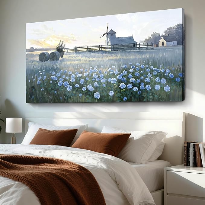 amatop Oversize Pastoral-Style Living Room Wall Art, Blue Farm Windmill Canvas Print Picture, Natural Plant And Flower Field Artwork For Bedrooms, Studies, Offices, And Dining Rooms. 58X29 Inches.