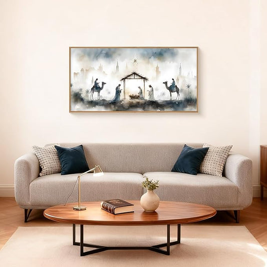 Large Catholic Jesus Nativity Scene Framed Canvas Wall Art Set,Watercolor Holy Birth of Jesus Wall Decor,Trendy Christian Religious Artwork for Living Room,Bedroom,Church-20 x40