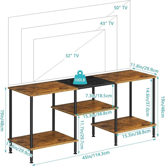 Industrial TV Stand with Storage for 50 inch TV Rustic TV Cabinet with Open Storage Shelf Small Entertainment Center Wood Console Table with Metal Round Tubes for Living Room Bedroom, Brown, 45 Inches