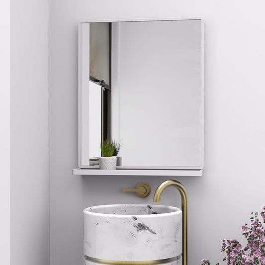 Bathroom Mirror with Shelf, White Rectangle Wall Mirror Metal Frame, Hanging Horizontal or Vertical (24'' X 20'')