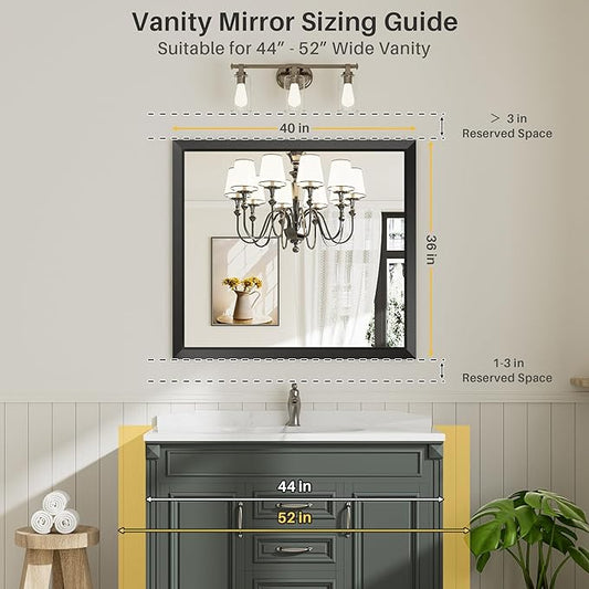 Briivue 40x36 Inch Black Bathroom Mirror for Wall, Thick Metal Framed Rectangle Mirrors for Over Sink, Bedroom, Living Room, Entryway, Anti-Rust, HD Tempered Glass