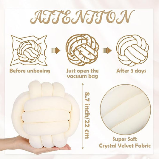 Tegeme Set of 3 Knot Pillow Ball and 18" Throw Pillowcases Fuzzy Striped, Soft Knotted Home Decor Pillow, 2 Faux Fur Cushion Covers Aesthetic Cushion and Cases for Sofa Bed Bedroom Living Room(Cream)