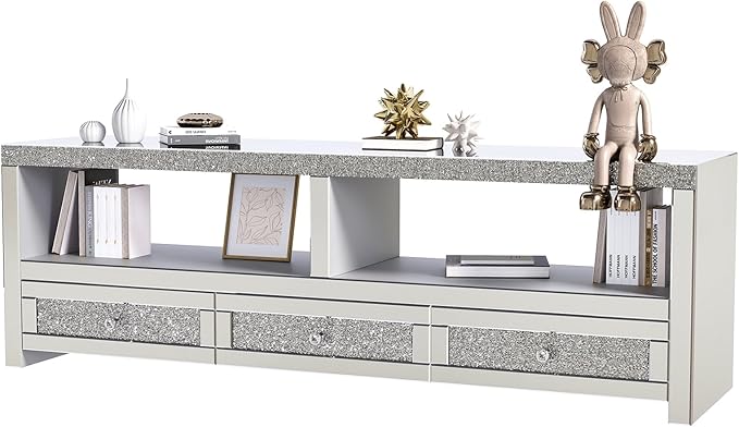 COSVALVE Silver Mirrored TV Stand for TVs Up to 65 Inches, LED TV Stand Modern Entertainment Center with Drawers & Open Storage, TV Console Table for Living Room, Game Room (Fully Assembly)