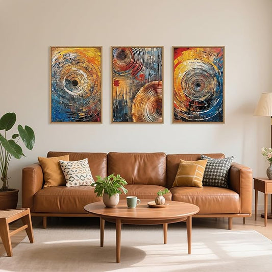 Large Colorful Tree Ring Framed Canvas Wall Art,Modern Tree Stump Wall Decor,Abstract Wood Grain Artwork,Neutral Botanical Annual Ring Art Print for Living Room,Bedroom,Office- 24"x36"x3