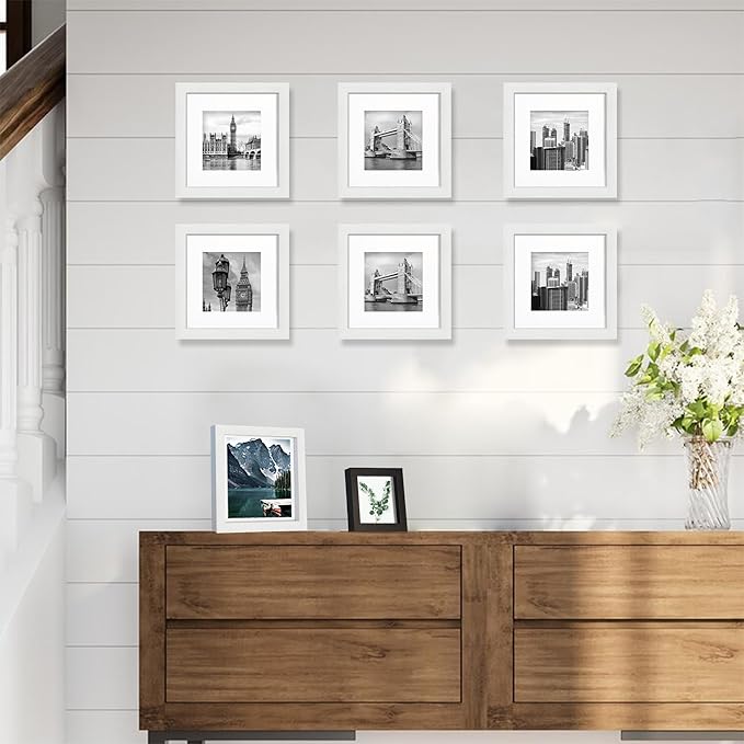 Hongkee 6x6 White Picture Frames set of 3, Made of Wooden and Real Glass Square Photo frame - Displays 4x4 Picture With Mat or 6 x 6 Without Mat, Desktop & Wall Collage Frame set