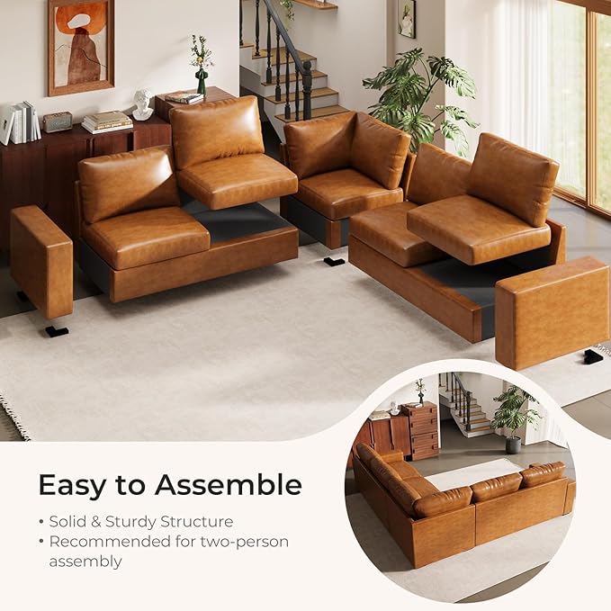 ELUCHANG 113" V-Shaped Modular Sectional Sofa Couch, Modern 5-Seat Premium Faux Leather Deep Seat Sofa with Corner, Removable Cover, Easy Assembly, Large Sofas & Couches for Living Room, Office, Brown