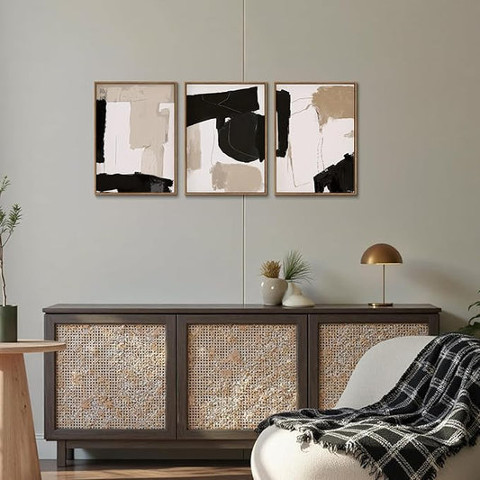 myusuar 3 Piece Large Modern Abstract Canvas Framed Wall Art For Living Room, Black And Beige Blocks Minimalist Wall Art Decor Posters Prints For Bedroom Office, 12x16in