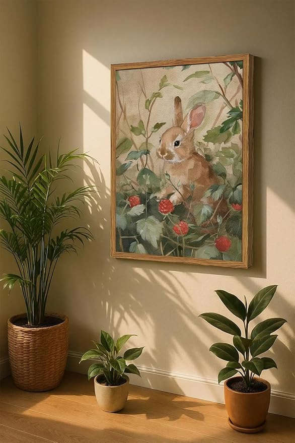 Framed Vintage Rabbit Wall Art, Cute Bunny Pictures Wall Decor, 3D Textured Sandstone Rustic Animal Botanical Paintings Prints Cottagecore Home Decor for Living Room Bedroom Nursery 16x24 inch