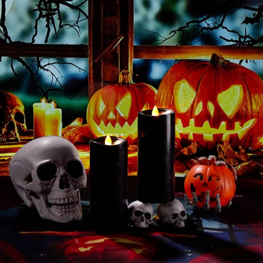 Enpornk 7” x 3” Flameless Candles, Flickering Moving Flame LED Candles, Battery Operated Candles with Remote and Timers, Black, Set of 2
