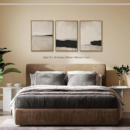 myusuar 3 Piece Large Modern Abstract Canvas Framed Wall Art For Living Room, Black And Beige Vintage Minimalist Wall Art Decor Posters Prints For Bedroom Office 12x16in