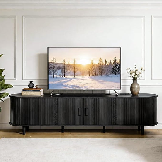 70" Mid Century Modern TV Stand, Wood TV Consoles with Sliding Doors and Power Outlet, Fluted Entertainment Center with Adjustable Shelves, Media Console for Living Room, Black