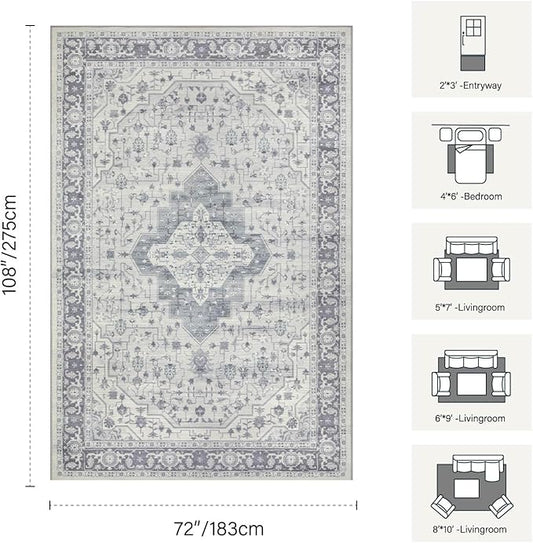 Rugxara 6x9 Washable Area Rug for Living Room, Vintage Large Boho Rugs for Office, Dining Room, Kids Room, Farmhouse, Durable Low Pile Non Slip Carpet for High Traffic Areas, Blue Quartz