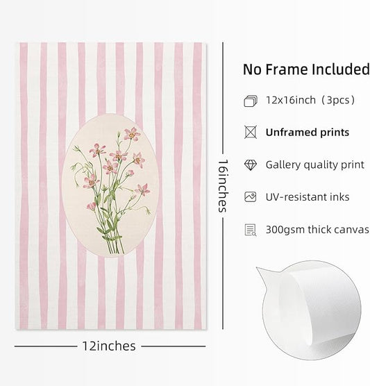 Youillne Pink Flower Wall Art Striped Floral Prints Botanical Canvas Wall Decor Aesthetic Pictures Pastel Pink Floral Poster Minimalist Flower Painting for Girl Room 12x16 Inch Unframed Set of 3