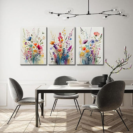 KISSFOX 3 Piece Canvas Wall Art Wildflowers Wall Decor Floral Pictures Botanical Paintings Colorful Prints Watercolor Artwork For Bedroom Bathroom Living Room