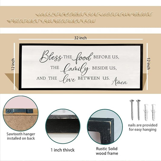 Bless the Food Before Us Wall Decor Sign 32" X 12" Dining Room Wall Decor Framed Wood for Large Farmhouse Vintage Prayer Catholic Kitchen Wall Hanging Scripture Bible Verse Art (Black)