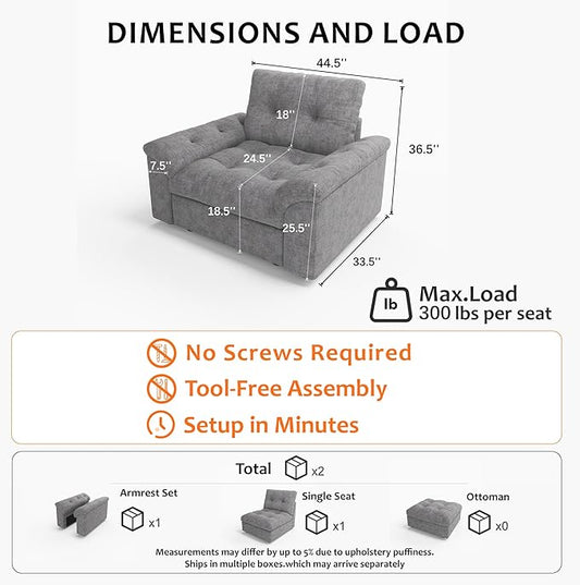 Oversized Modular Sectional Sofa with Storage, Modern Deep Seat Cloud Couch for Living Room, L-Shaped Large Sectional Couch, Single Chair, Gray