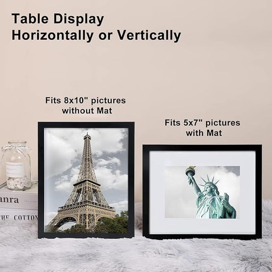 8x10 Picture Frame Set of 6, Display Pictures 5x7 with Mat or 8x10 Without Mat for Tabletop Display and Wall Mounting, Black