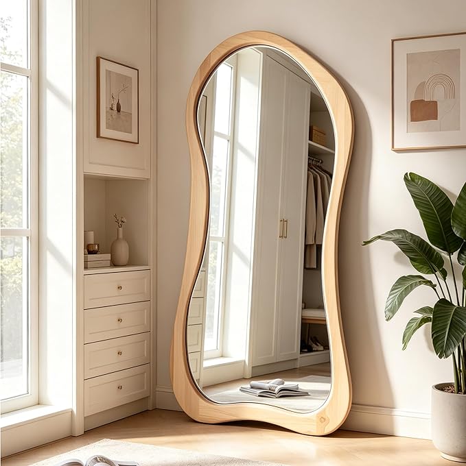 Large Irregular Mirror, 67"x31.5" Asymmetrical Full Body Mirrors with Solid Wood Frame, Premium Organic Aesthetic Floor Mirror for Living Room Entryway Hallway Cloakroom, Leaning/Hanging