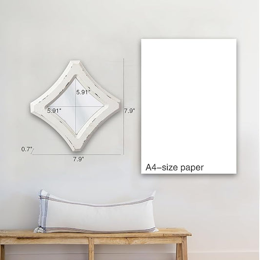 Farmhouse Small Decorative Mirrors for Wall Decor Living Room 7.9 inch, Hanging Distressed White Vintage Wood Frame Bedroom Mirror, Rustic Rhombus Wall Mounted Mirror for Home Decor