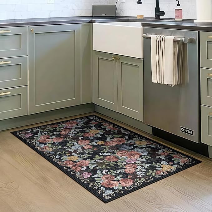 2x3 Machine Washable Area Rug for Entryway, Dark Blue Black Vintage Boho Floral Rug Non-Slip Low Pile Soft Faux Wool Small Carpet, Kids and Pets Friendly for Bedroom Kitchen Hallway Bedside Decor Rug