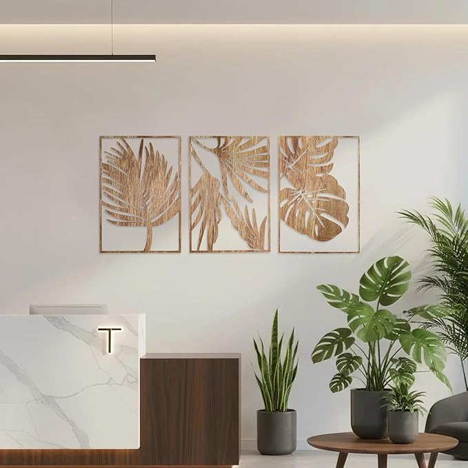Jinzhenhong 3Pcs Modern Wooden Wall Sculptures, Leaf Sign Vintage Tropical Plant Wall, Wood Rustic Palm Leaf Wall Art Decor for Living Room Bathroom Bedroom Office (Leaf 1 Dark Brown)
