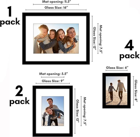 Americanflat Set of 7 Picture Frames with Shatter-Resistant Glass - Gallery Wall Frame Set with One 16x12, Two 9x12, and Four 6x8 Frames - Signature Collection - Black