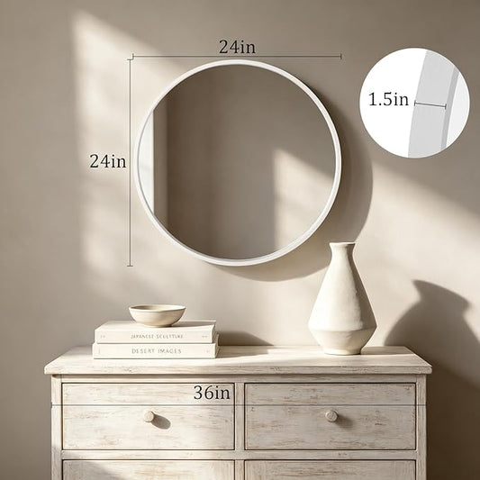 HOMECOOKIN Round Wood Mirror 24 inch Circle Mirror, Rustic Farmhouse Wooden Framed Decorative Wall Decor, Vanity Wall Mirror for Bathroom, Bedroom, Entryway, Living Room (White)