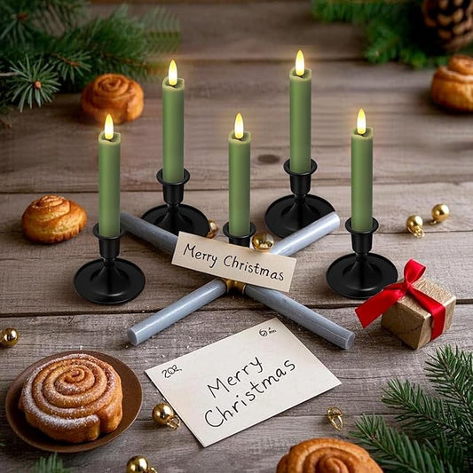 KSWING Upgraded Real Wax Short LED Flameless Green Taper Candles with Remote, 6 PCS Candlesticks Battery Operated - 6" Realistic Fake Candle Sticks for Home/Wedding/Fireplace Xmas Decor