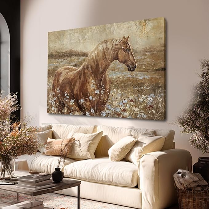 ZENPEE Horse Canvas Wall Art for Living Room Large Brown Horse Painting Western Farmhouse Wall Decor Above Couch Rustic Animal Wall Art 32x48 Inch