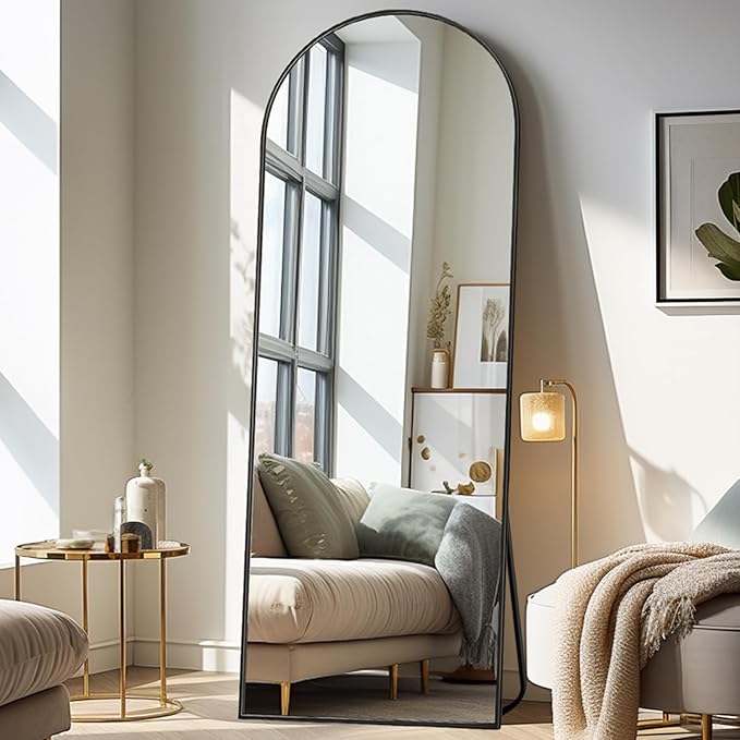 Rowjut 64"x21"Floor Mirror Arched Full Length Mirros, Mirror Floor Length Standing Hanging or Leaning & Large Full Body & Wall Mirror for Bedroom, Living Room, Aluminum Frame, Black