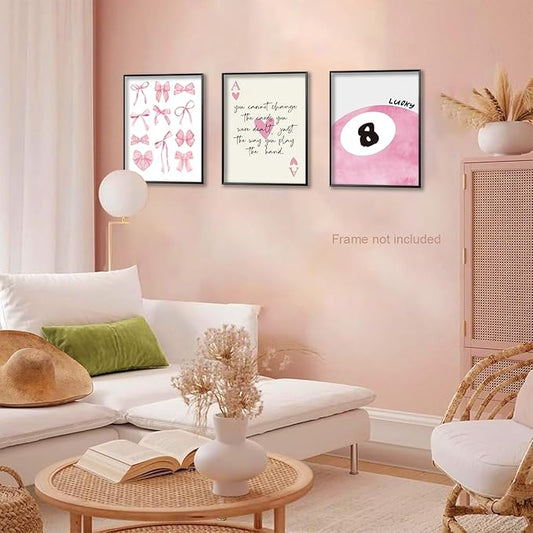 Trendy Pink Bows Posters Wall Art Set of 3, Vintage Preppy Lucky 8 Ball Canvas Wall Decor, Pink Girly Room Aesthetic Picture Prints Painting for College Apartment Living Room Bedroom 12x16 In Unframed