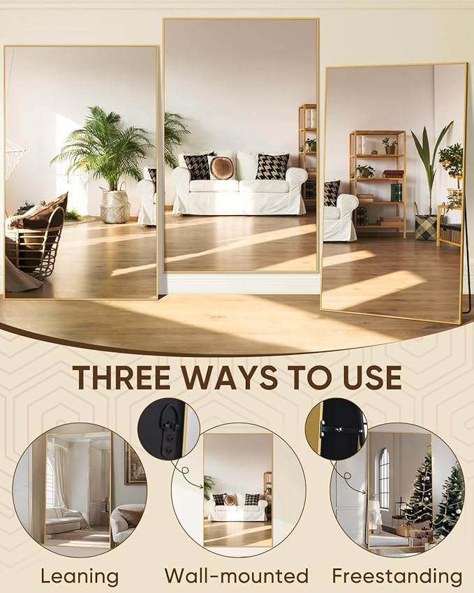 Antok Full Length Mirror, 72"x44" Floor Mirror, Floor Standing Freestanding Full Body Mirror with Stand for Bedroom, Hanging Mounted for Living Room Cloakroom, Gold