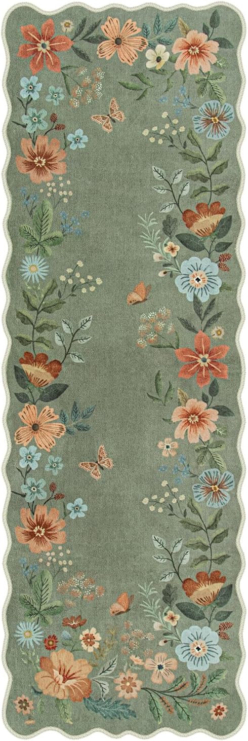 Lahome Floral Runners for Hallways, 2X6 Kitchen Runner Rug Ultra-Thin Soft, Non-Slip Hallway Rug Stain Resistant Boho Low-Pile Carpet for Laundry Bathroom Bedroom Flore (2x6ft,Green)