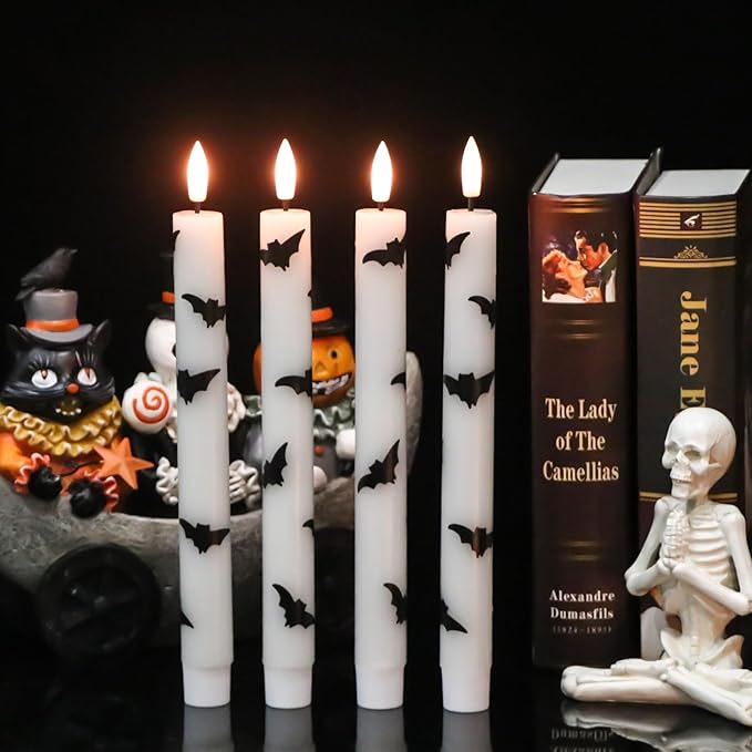 Halloween Flameless Taper Candles Battery Operated with Remote and Timer, Real Wax 3D Wick Flickering LED Taper Candle Bats Decals Dinner Table Halloween Decor(4 Pack, 0.78”D x 9.64”H)