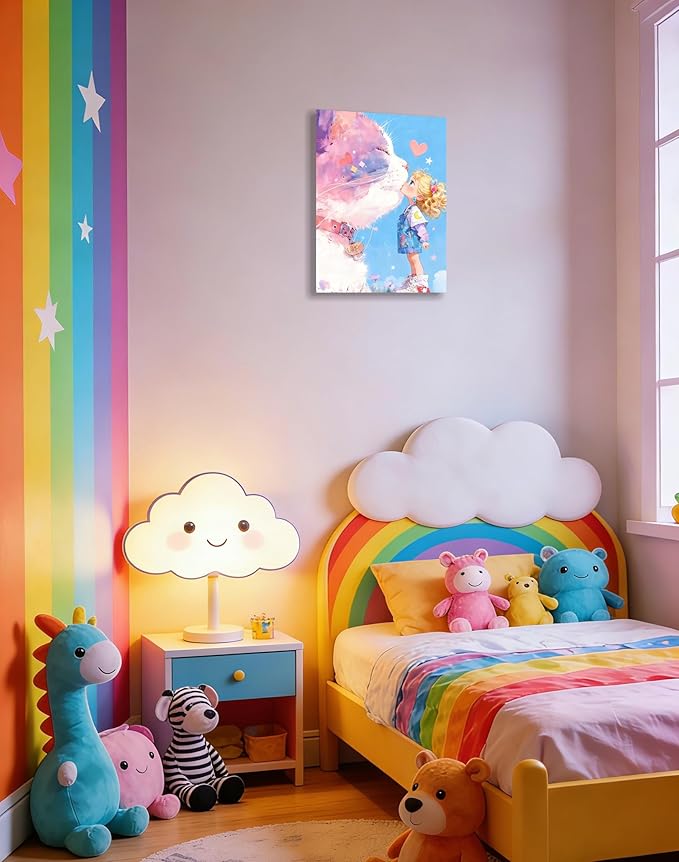 12x16 Giant Pink Cat Kissing Little Girl Canvas Wall Art - Cute Whimsical Kids Kawaii Girl Cat Poster, Pastel Dreamy Nursery Wall Decor, Framed Cartoon Animal Artwork for Bedroom Bathroom Living Room