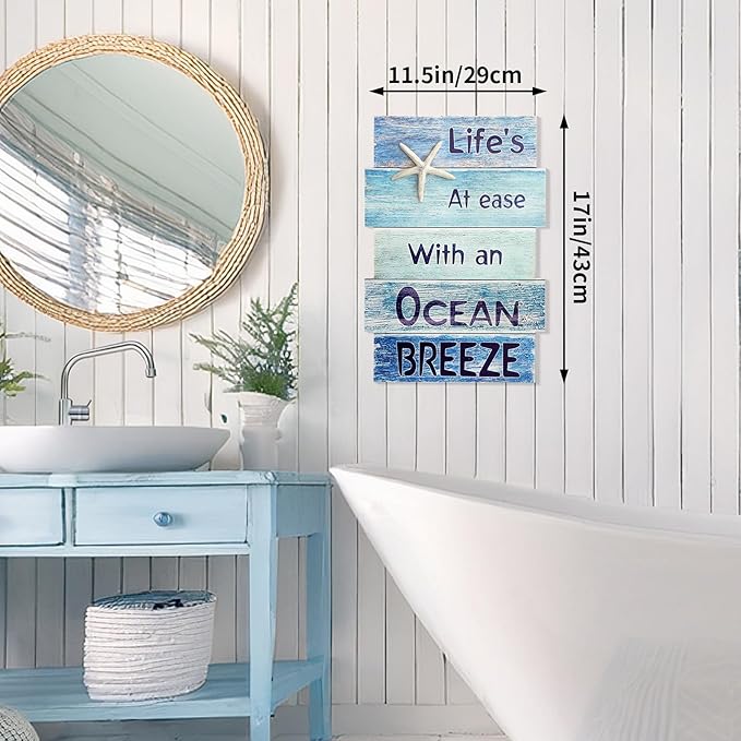 Coastal Wall Decor for Home, Beach Wall Art Wooden Hanging Sign with Starfish Element, Perfect Beach Themed Room Decor and Ocean Decor for Bathroom Bedroom Coastal Living Spaces 11.5" x 17"