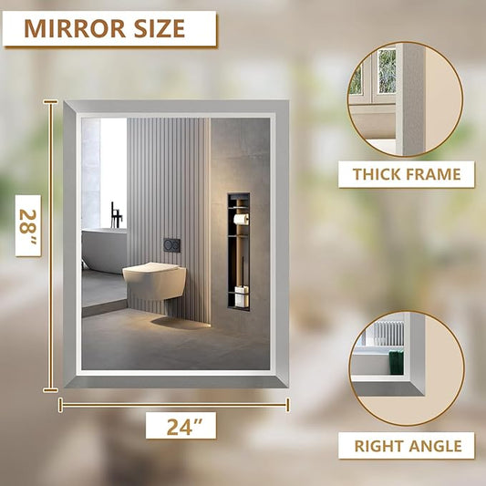 SMIROR Brushed Silver Bathroom Mirror for Over Sink, 24”x 28” Metal Thick Framed Rectangle Vanity Mirror for Wall, Right Angle Corner, Anti-Rust, Horizontally or Vertically Mounted
