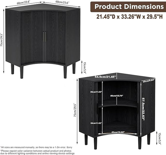 Lxsxlome Fluted Corner Cabinet, Small Corner Floor Cabinet with Sliding Doors and Adjustable Shelves, Modern Wooden Freestanding Narrow Storage Organizer for Small Space,Living Room (Black, 29.5" H)