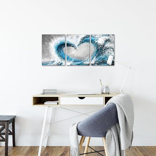 HOMEOART Bedroom Wall Art Ocean Wave Painting Love Sign Wall Decor Framed Artwork Bathroom Bedroom Living Room Decor (Blue)