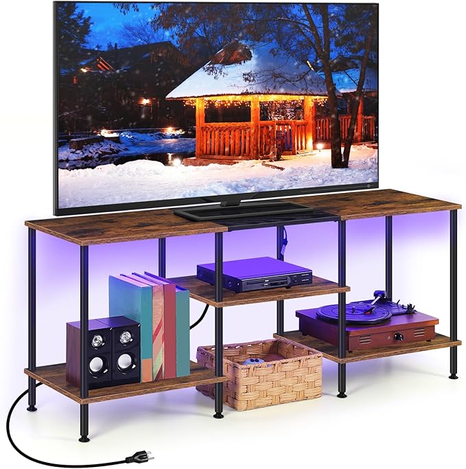 50 Inch TV Stand with Power Outlets and LED Lights, Rustic Brown TV Stands for Living Room Farmhouse Small Entertainment Center with Storage, 3 Tier TV Media Console Table for 50 43 40 32 Inch TV
