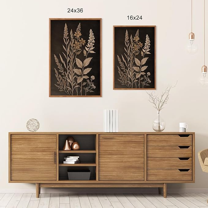 HLNIUC Vintage Botanical Fern Framed Canvas Wall Art Set,Black and Tan Plant Leaves Wall Decor,Modern Farmhouse Art Print,Neutral Minimalist Herb Floral Wall Painting for Living Room,Office - 24x36x3